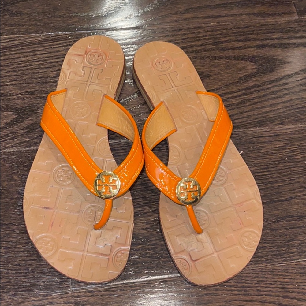 Tory Burch Orange Patent logo flip flop sandals